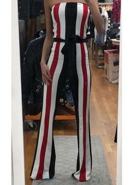 Red Black White Strapless Striped Jumpsuit
